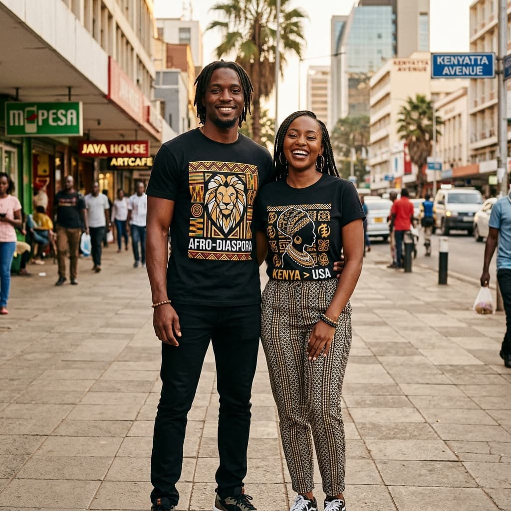 Two people wearing REJESHA Kenyan-inspired T-shirts on Kenyatta Avenue, Nairobi